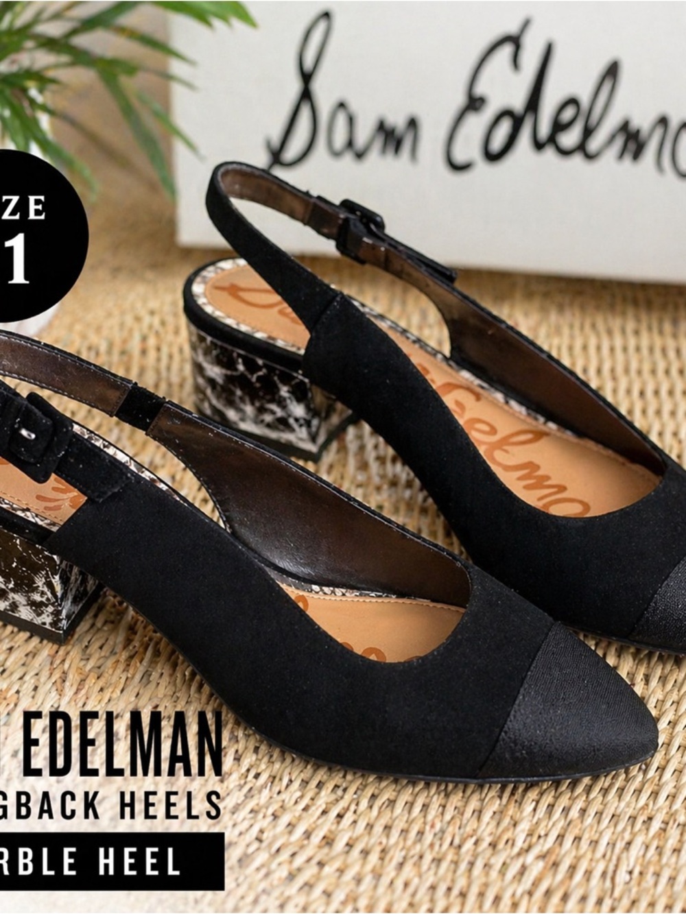 Sam Edelman Black Slingback Heels Size 11 | Marble Heel | Pointed Toe | Like New